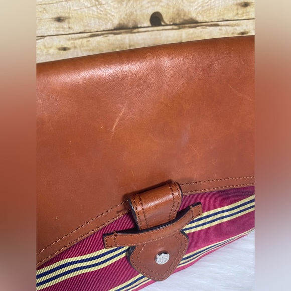 Brooks Brothers Brown Leather Red Multi Striped Fabric Crossbody Bag Purse - Picture 10 of 16